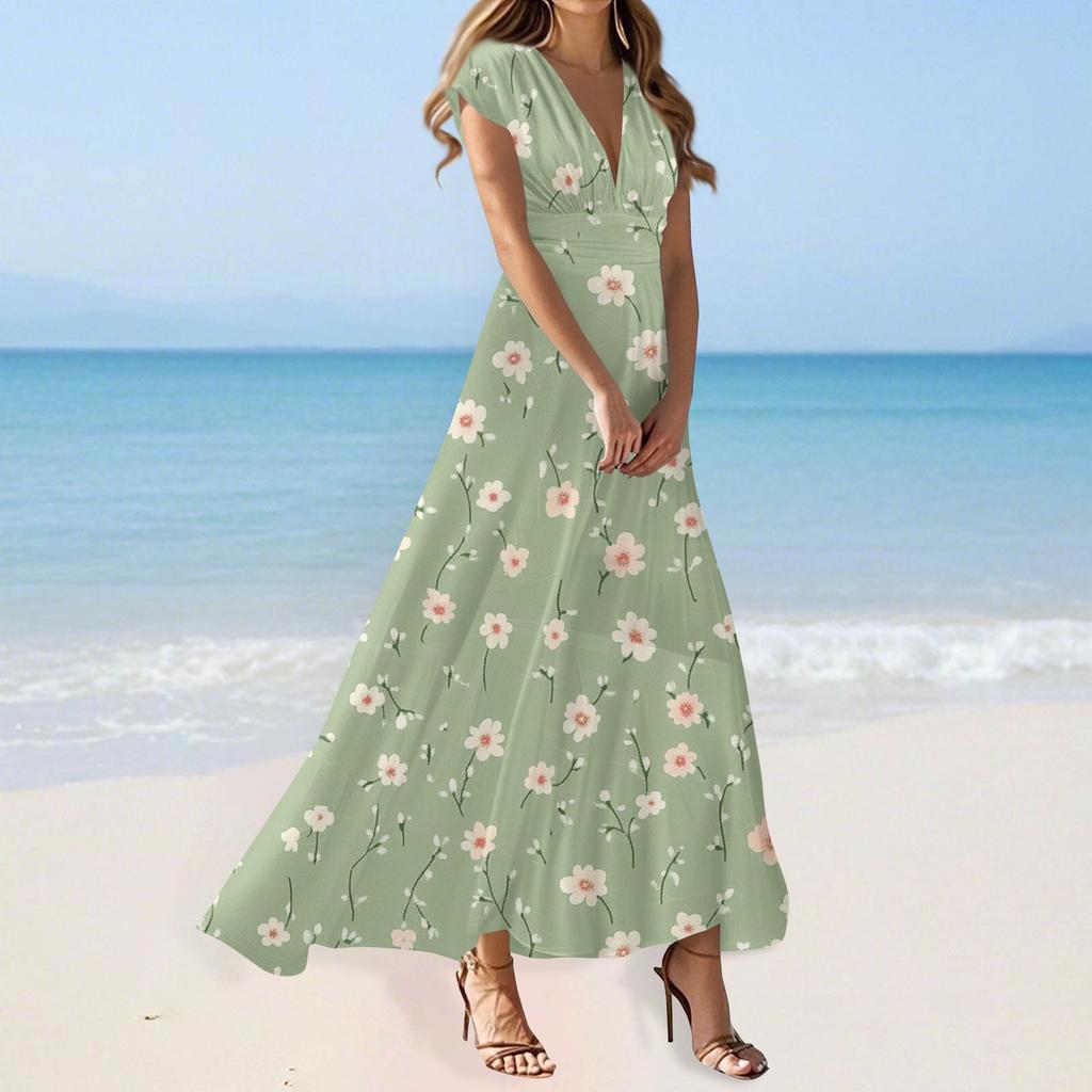 Maxi Dress For Womens High Waiste Deep V Neck Dress Printed Dresses Beach Flowy Dress Retro Summer Dresses