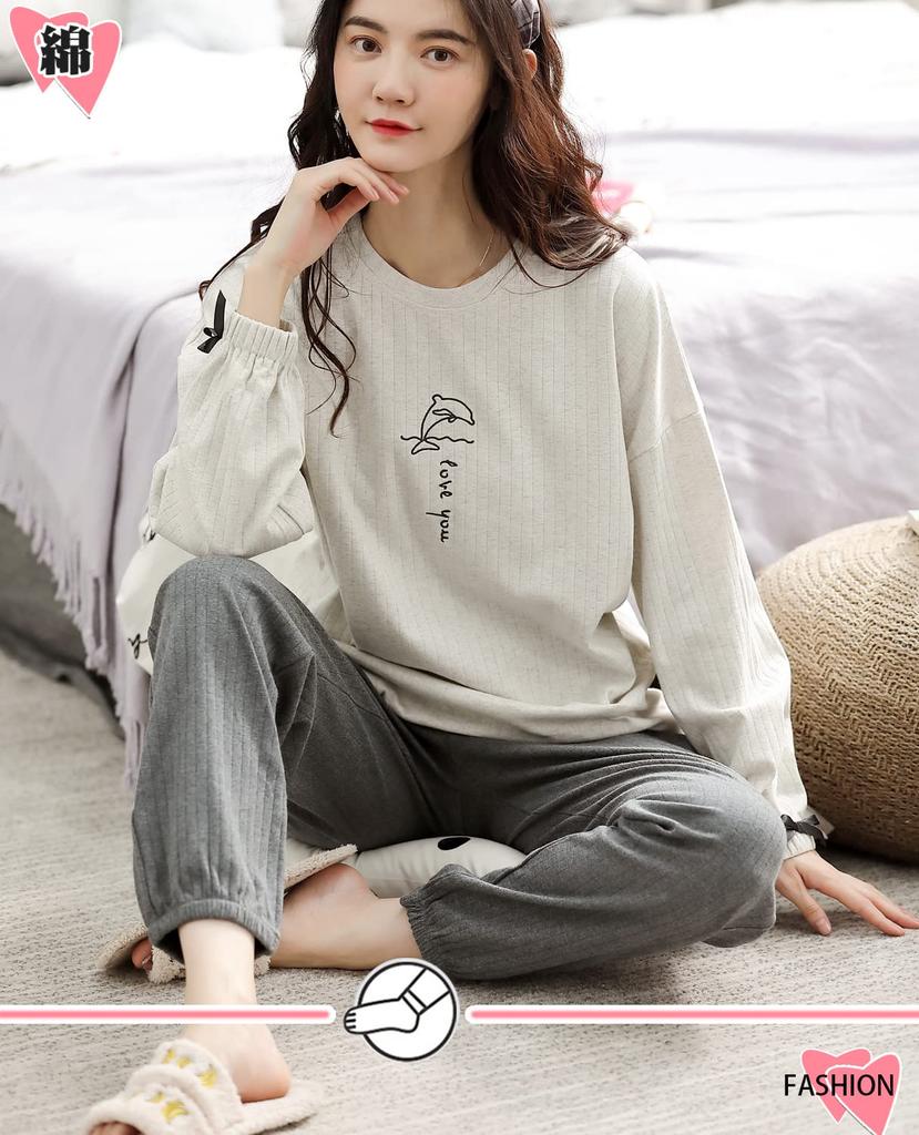 Kayuuhin Long Sleeve Cute and Loose Loungewear Round Neck Casual Sleepwear Size Women's Pajamas, 100% Cotton, Fit, Set, Pullover, Soft,