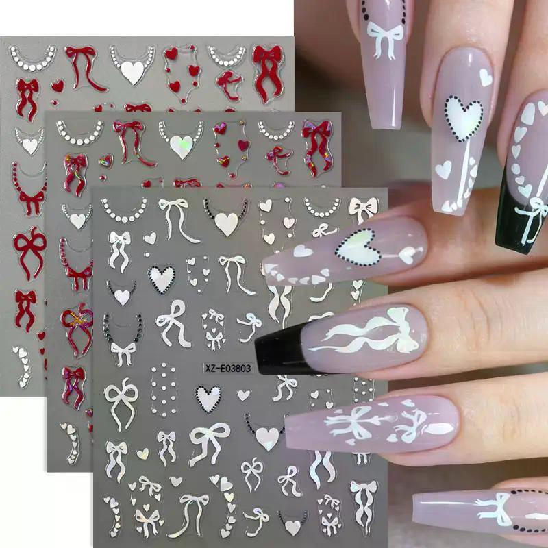 Aurora French Ribbon Heart Nail Stickers Pearl Love Chain Adhesive Nail Decals Valentine's Day Bows Manicure Sticker