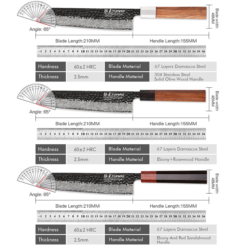 TURWHO 8.2-inch Hand Forged Japanese Kiritsuke Chef Knife Damascus Steel Kitchen Knives Sharp Meat Cleaver Slicing Cooking Tools
