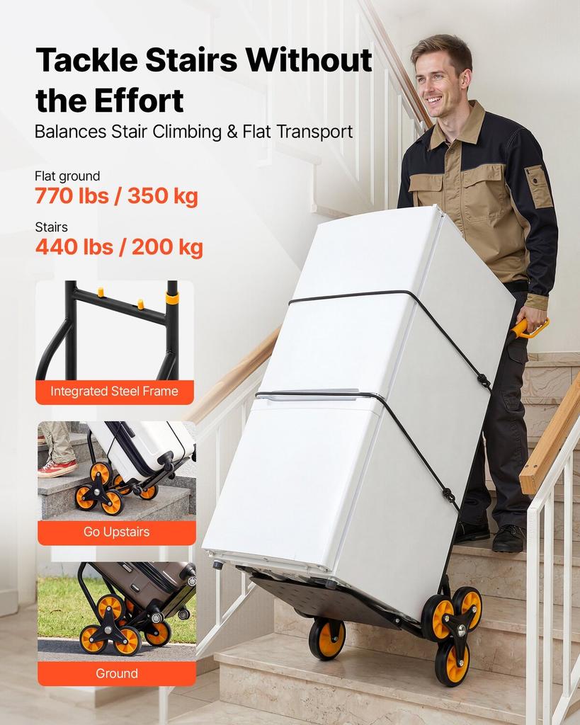 Stair Climbing Cart, 200 kg Stair-Climbing Capacity, Heavy-Duty Folding Trolley Cart with Telescoping Handle, 6 Wheels and 2 Bungee Cords, Stair