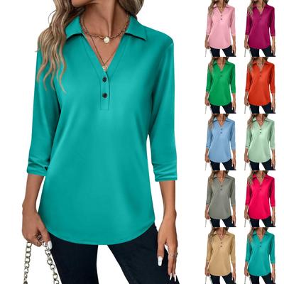 Women's Fashion Casual Lapel Short 3/4 Sleeve Solid Color Shirt Women's V-Neck Button Tops