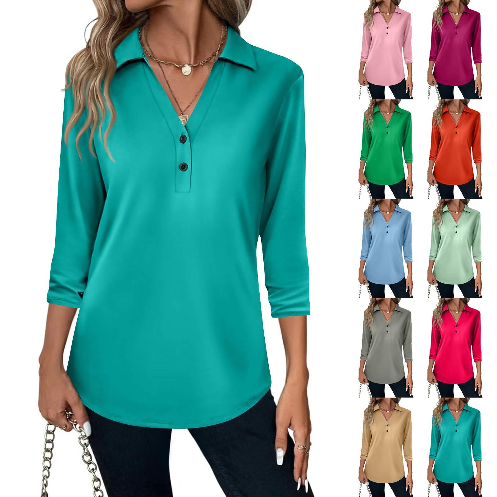 

Women s Fashion Casual Lapel Short 3/4 Sleeve Solid Color Shirt Women s V-Neck Button Tops S