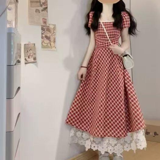 Large size women's clothing sweet wind lace plaid splicing square neck dress summer high waist lace-up A-word short skirt