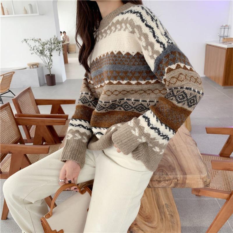 Autumn Winter Women's Plus Size Sweater Retro Lazy Style Hong Kong Style Loose Crew Neck Outer Wear Knit Top