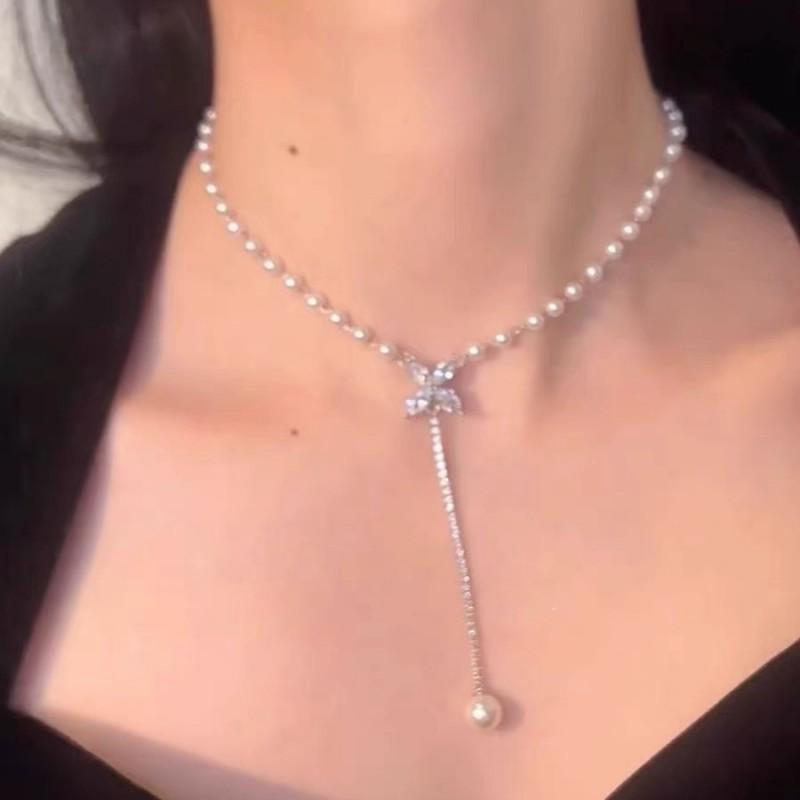 Butterfly Zircon Pearl Pendant Necklace Women Delicate Long Snake Chain Elegant Korean Style Jewelry 31-40cm Adjustable
