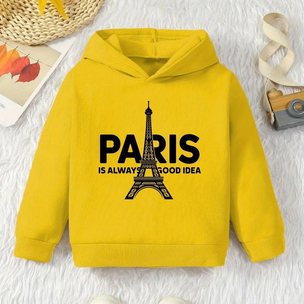 "PARIS" Aufdruck Lässiger Langarm-Hoodie für Jungen und Mädchen – Warmes & Bequemes Herbst-/Winter-Oberteil – Perfekt für den Alltag