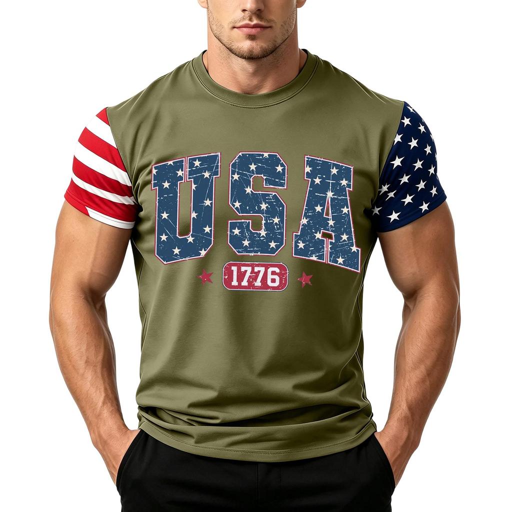 Men's Loose Fit Short Sleeve T Shirt with Flag Print Casual Summer Daily Wear Crew Neck Top for Outdoor Activities
