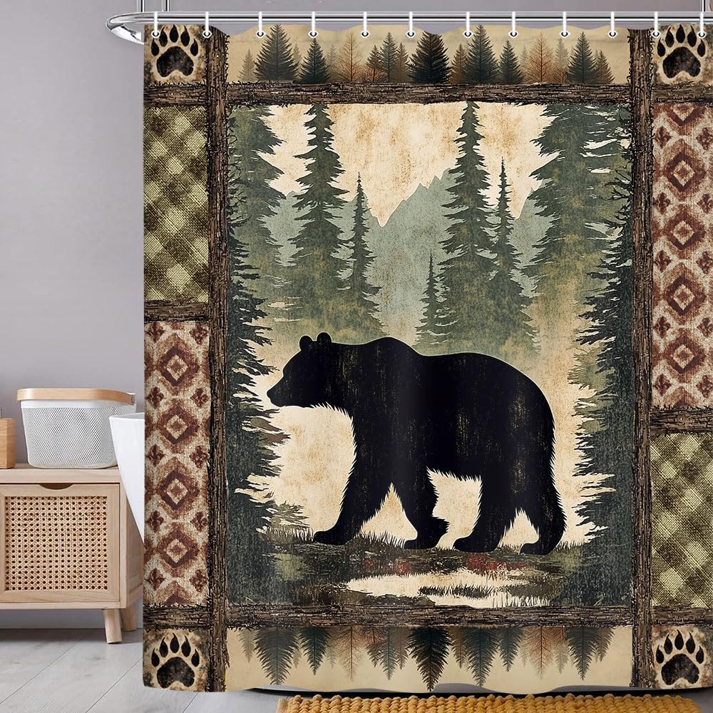 Cabin Bear Shower Curtain, Rustic Deer Hunting Decor Bath Curtains, Farmhouse Country Wooden Camping Forest Waterproof Fabric Bathroom Accessories