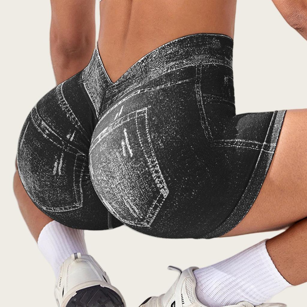 Shorts de Yoga Sexy Sans Coutures Imitation Denim pour Femmes Leggings de Sport pour la Course à Pied Féminins Ruchés Skinny Gym Fitness Pantalon Court
