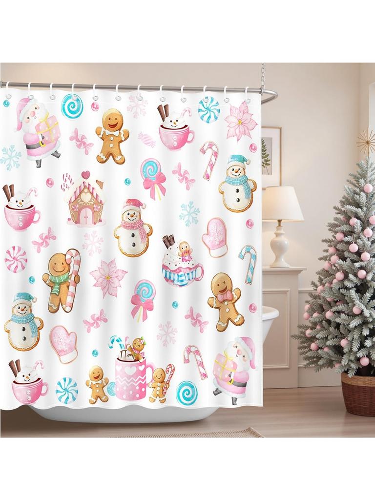 GAEChristmas Shower Curtain Cute Xmas Snowman Gingerbread-Man Santa Claus Shower Curtain for Kids Christmas Bathroom Waterpro