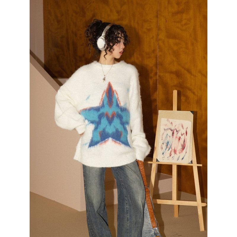 Five Pointed Star Women's Long Sleeved Sweater Round Neck Soft Women's Pullover Sweaters American Style Autumn Loose Woman Top