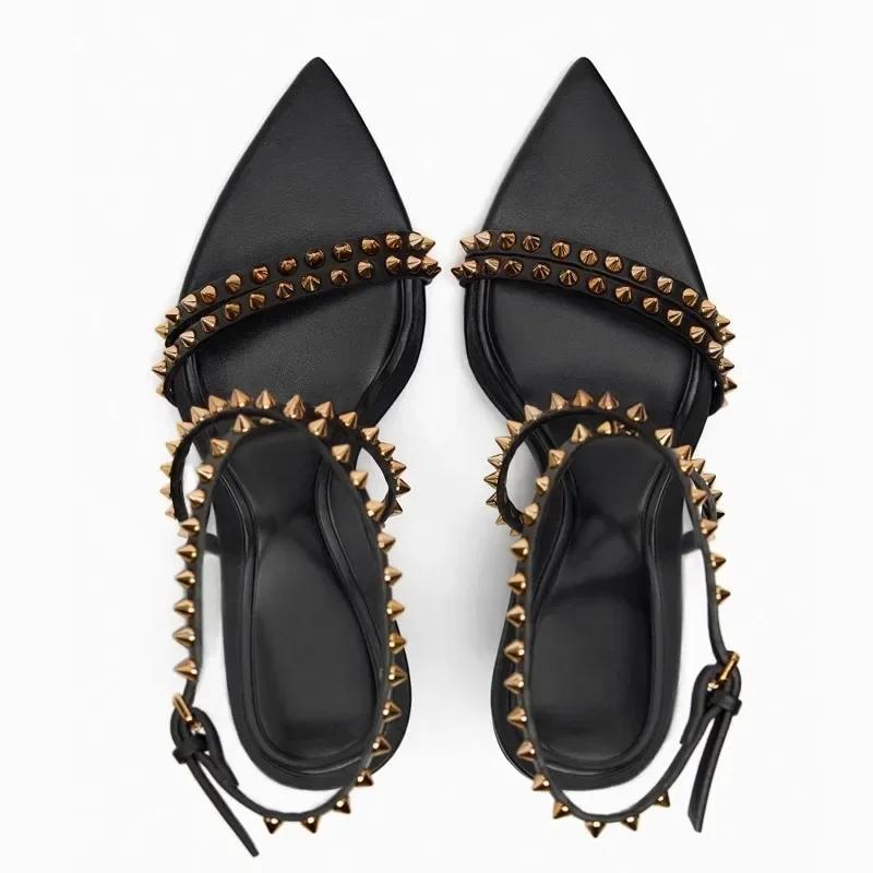 Fashion Luxury Designer Rivet Embellished Thin Heeled Sandals Women Summer Sexy Pointed Toe Ankle Strap High Heels Elegant Party Shoes