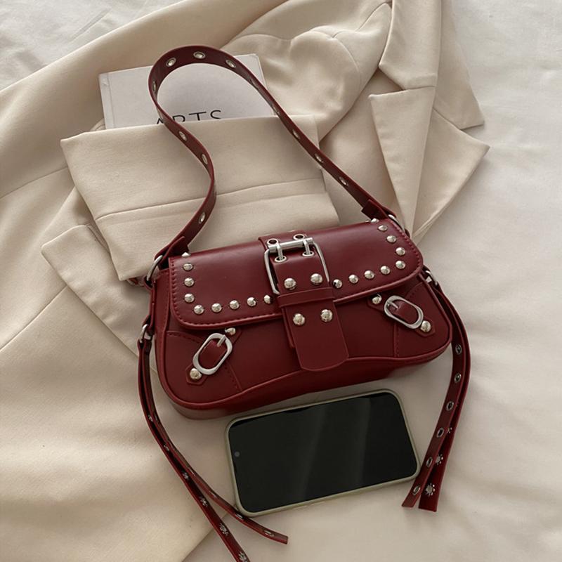 Trendy Motorcycle Punk Style Shoulder Bag for Women Solid Color Fashion Rivet Commuter Small Square Underarm Bag