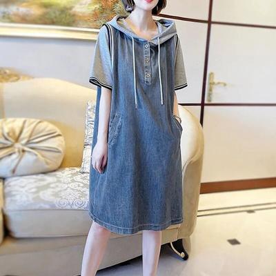 Modisches und lässiges mittellanges, lockeres Denim-Patchwork-Kleid für Damen im Sommer