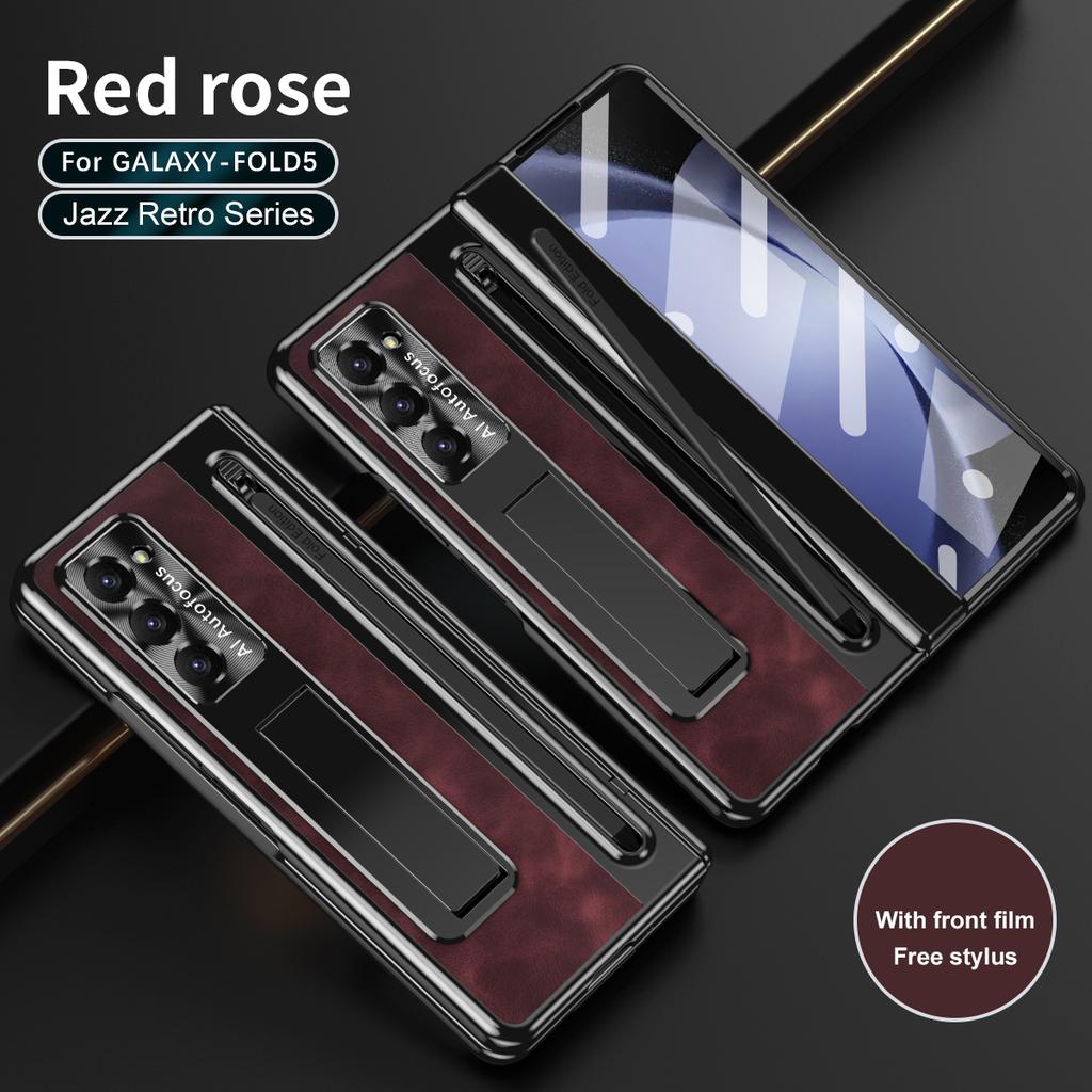 With S Pen Stand Leather Case for Samsung Z Fold 4 Z Fold 5 6 Hinge Case Screen Protective Film Pen Slot Cover