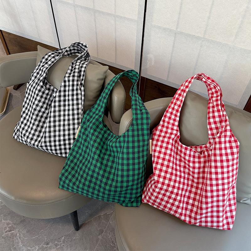 Retro Plaid Design Women Canvas Shoulder Bags Large Capacity Ladies Vest Bag Handbags Lightweight Versatile Female Shopping Tote