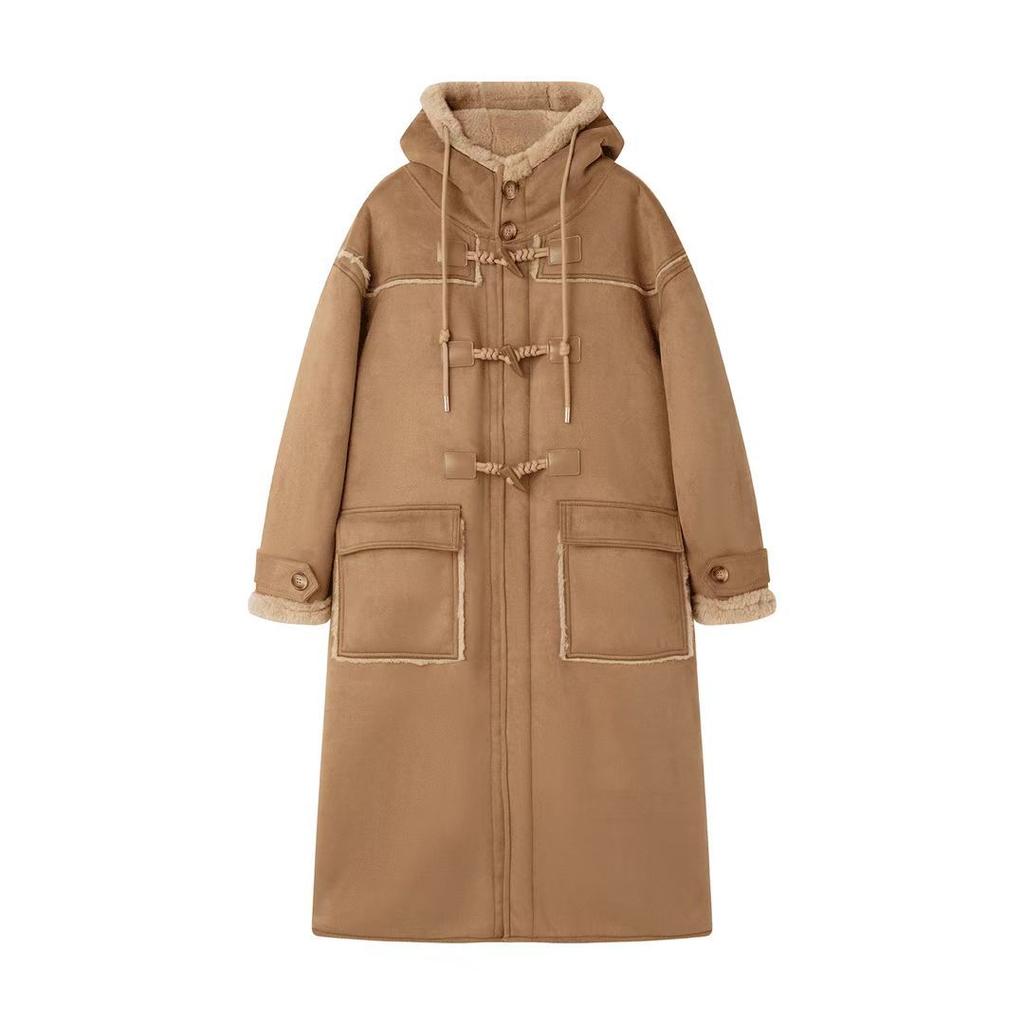 Thick Over-the-knee Hooded Horn Buckle Thickened Fur One-piece Coat Women's Imitation Lamb Wool Coat Winter Hooded Cotton Coat