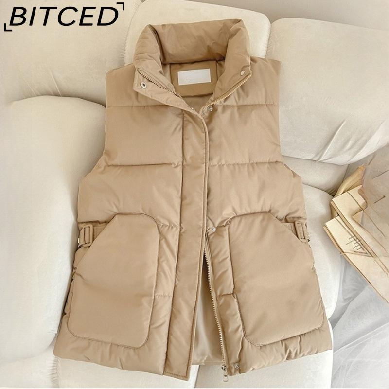 BITCED Autumn/Winter Women's Fashion Solid-Colour Belted Cotton Jacket, Fashionable Waistcoat, Stand-Up Collar Puffer Coat