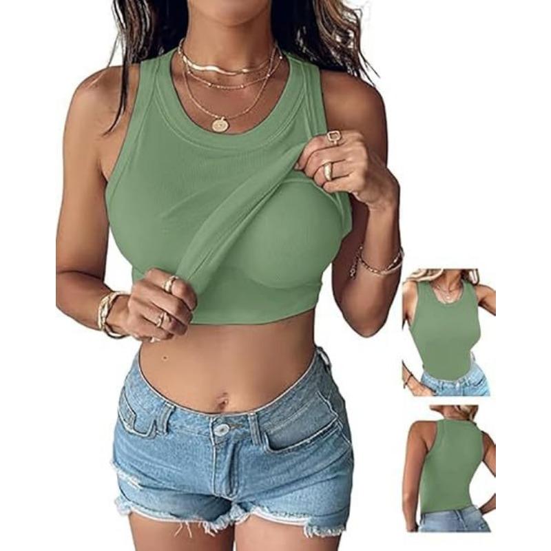 Women S Round Neck Solid Color Tank Top With Built In Bra For Summer