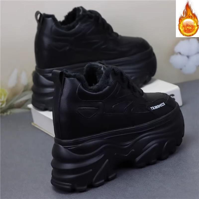 Fashion 12CM Genuine Leather Vulcanize Fashion Thick Bottom Women Chunky Sneakers Platform Wedge Causal Winter Plush Autumn Shoes