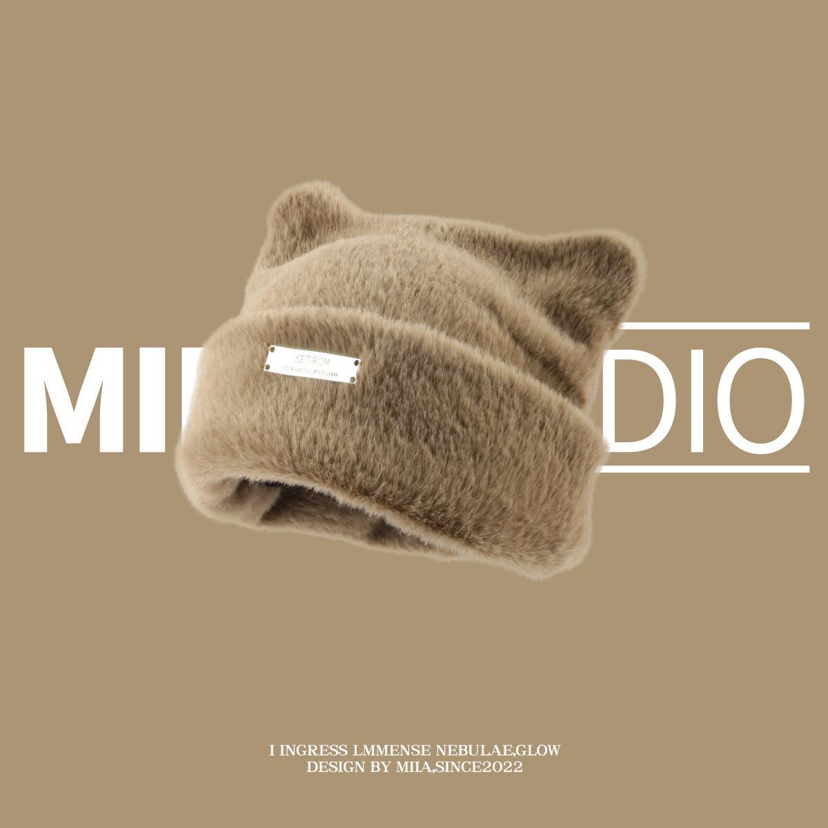 

Корейская милая шапка-бини с кошачьими ушками из искусственной норки, вязаная, модная шапка-обертывание для головы для больших окружностей хаки