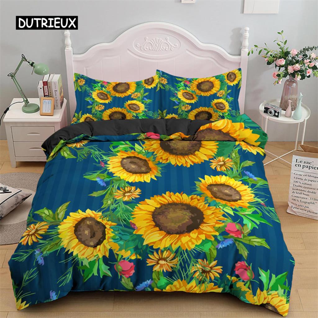 Duvet Cover Sunflower Yellow Flower Bedding Set Farmhouse Green Leaves Floral Quilt Cover for Women Girl Bedroom Decorations