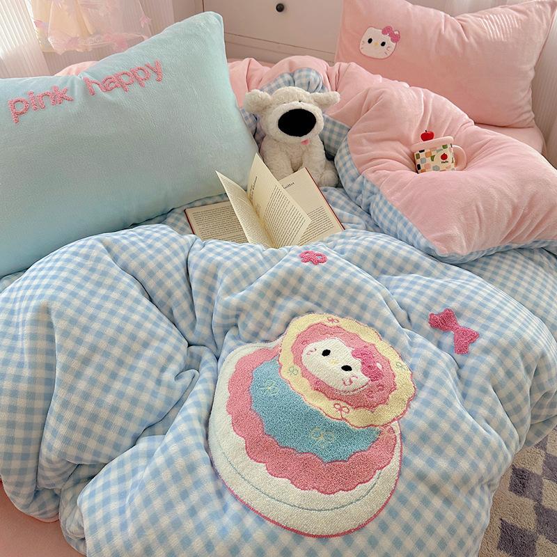 Thickened Milk Fleece Bed Four-Piece Set Fleece Quilt Cover Bed Sheet Coral Flannel Children'S Cartoon Bedding