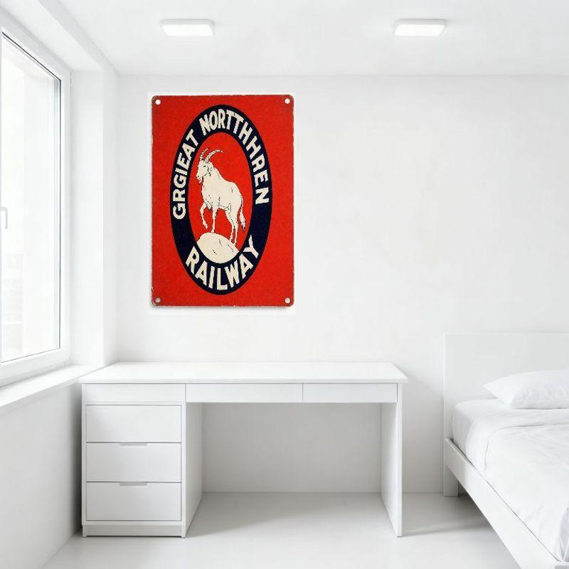 Vintage Great Northern Railway Metal Tin Sign Red with Blue Oval & Goat Illustration, Rounded Corners, Riveted Corners, for Home
