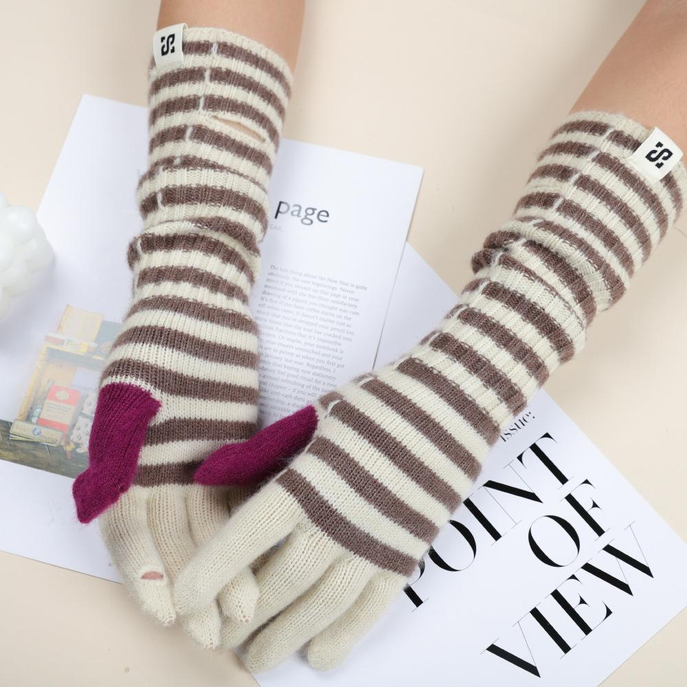 Koreanische Version von Strickhandschuhen mit verlängertem Farbblockdesign für Damen, Streifen, Retro, vielseitig, Herbst und Winter, Outdoor, warm, Fingerwollhandschuhe für Herren