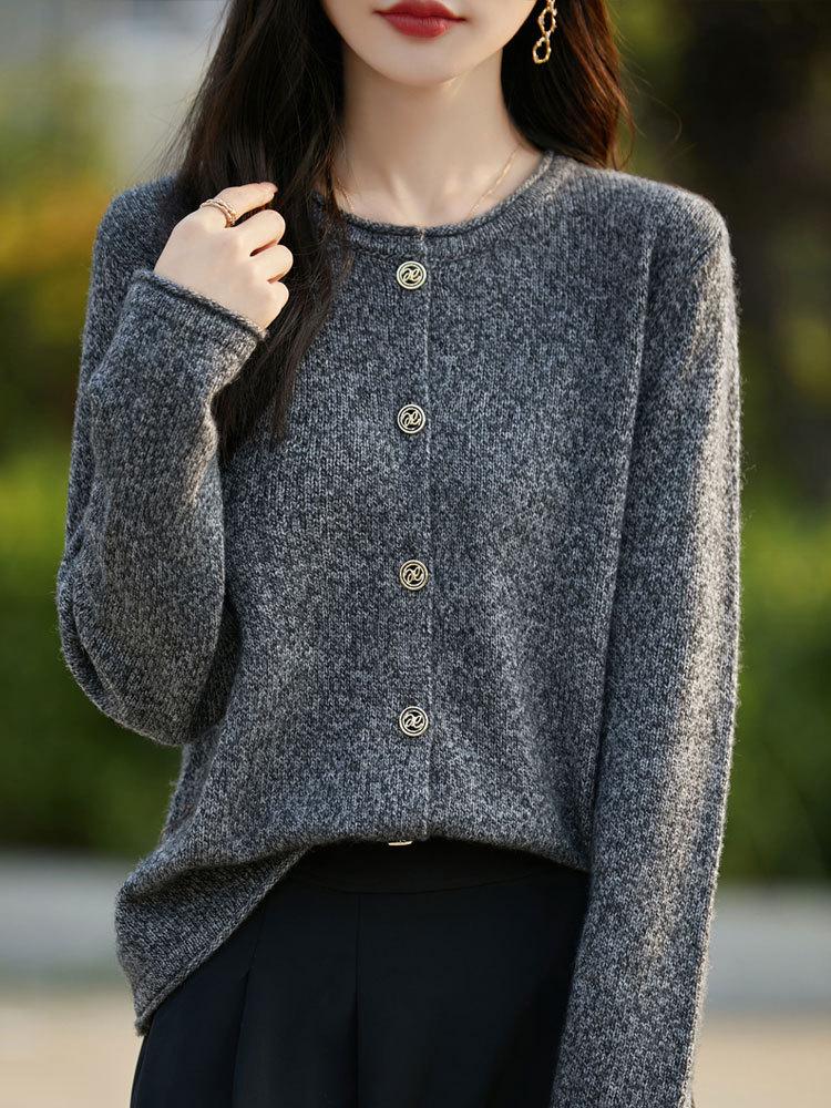 Women's Korean Style Round Neck Cashmere Cardigan - 100% Pure Wool, Casual Versatile Flower Yarn Knit Sweater