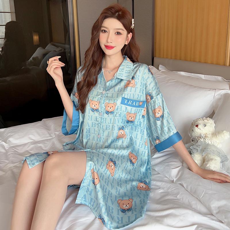 Summer Stain Nightdress for Women Short Sleeve Cute Cartoon Nightgowns & Sleepshirts Women Blue Sleepwear Shirt Buttons Outwear Pjs Loose Homewear