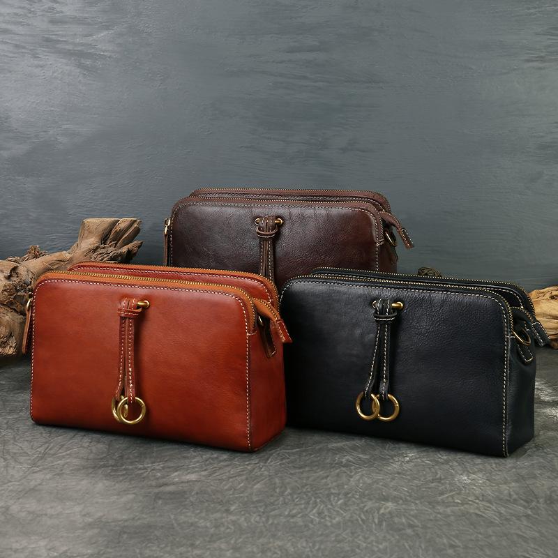 Three-compartment Crossbody Bag, Genuine Leather Retro Style Handcrafted Single-shoulder Small Square Bag