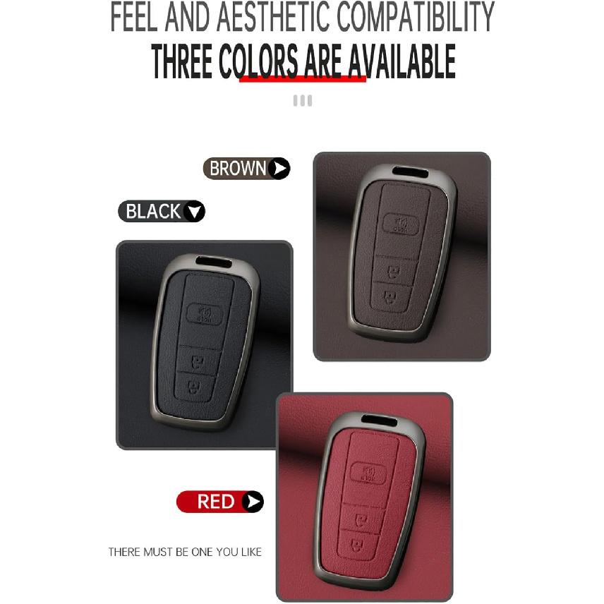 HIBEYO 3 Button Key Fob Cover Compatible With Toyota 4Runner 2016-2024 RAV4 Camry Prius Prado Key Leather & Alloy Key Cover Accessories With