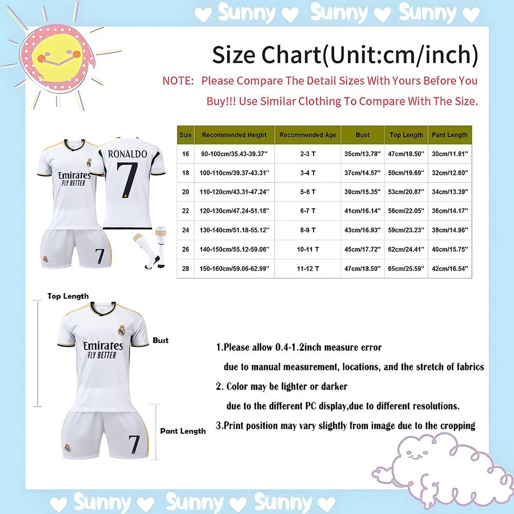 Real Madrid CR7 Kids Soccer Jersey Set No.7 Ronaldo Shorts Socks White Youth Sports Kit