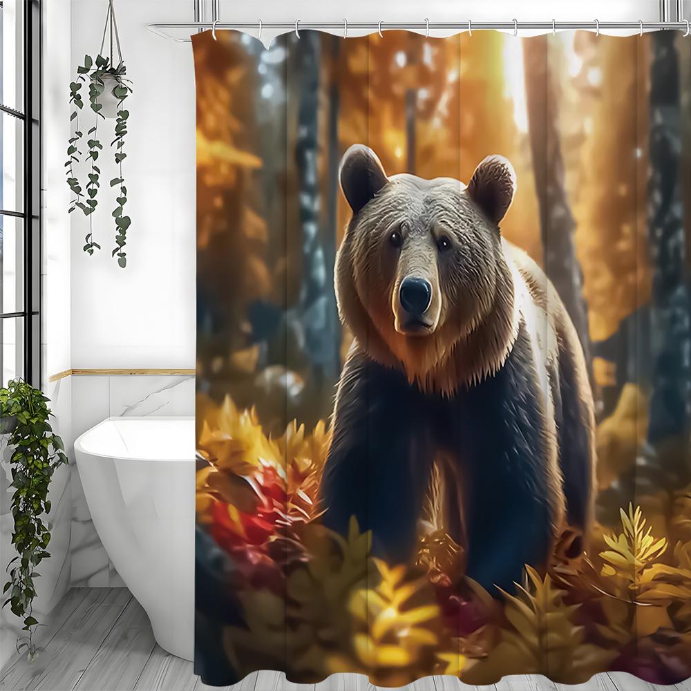 Fall Brown Bear Forest Shower Curtain, Bathroom Decorative Shower Curtain, Waterproof Shower Curtain with Hooks