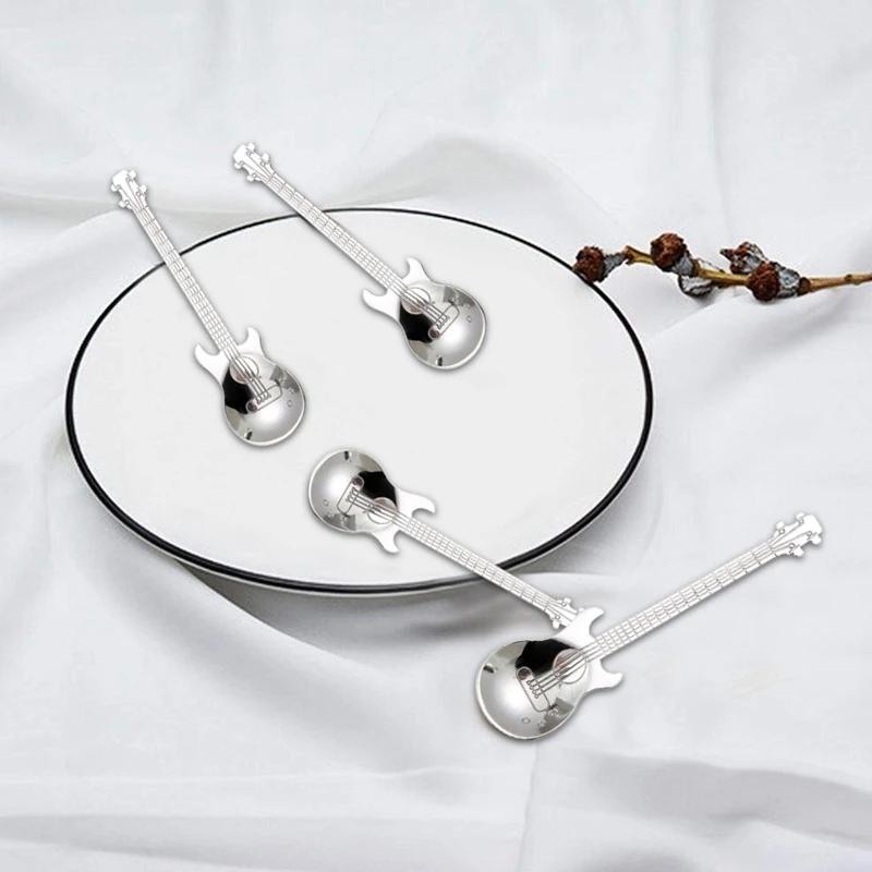 Guitar Coffee Teaspoons,4 Pcs Stainless Steel Musical Coffee Spoons Teaspoons Mixing Spoons Sugar Spoon(Silver)