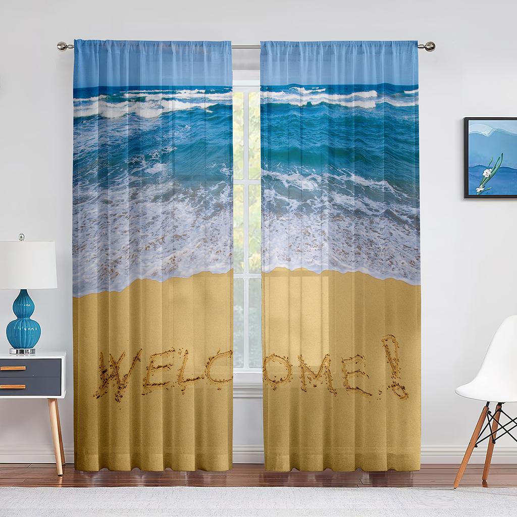 Ocean Summer Beach Sunlight Seawater Tulle In Sheer Curtains for Living Room Bedroom Kitchen Window Treatment Chiffon Curtain
