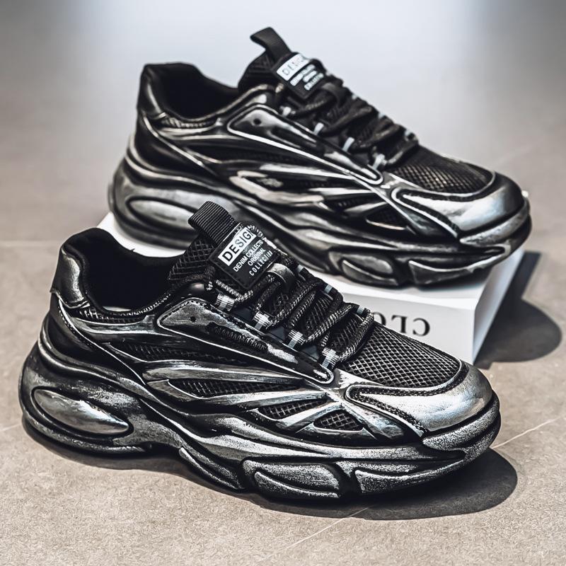 2025 autumn and winter new mesh breathable sports shoes wipe old mesh casual shoes thick sole heightening dad shoes men's shoes