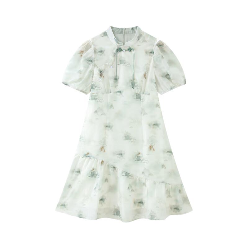 Ledin Chinese Style Off-Shoulder Printed Short Sleeve Dress
