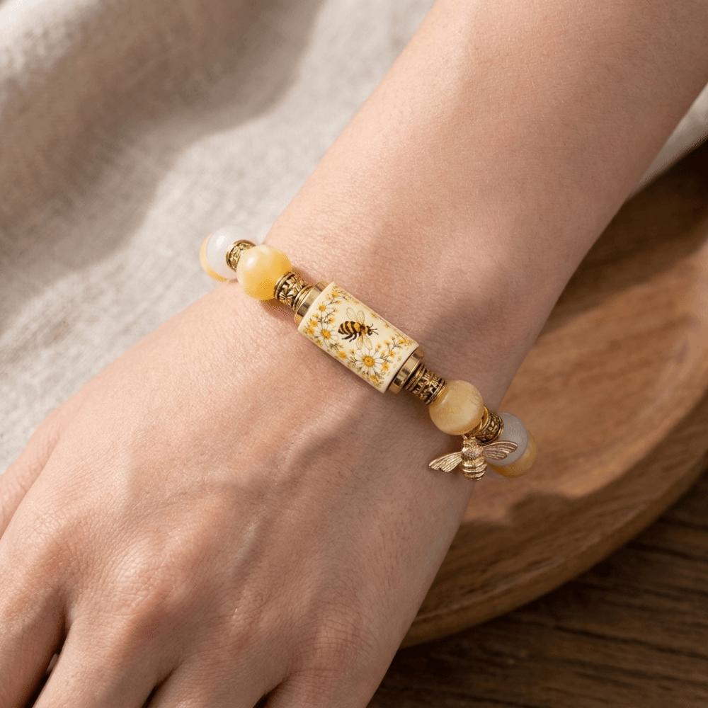 Stainless Steel Beaded Stretch Bracelet Sunflower Bee Pendant Hand Chain Charm Bracelet Garden