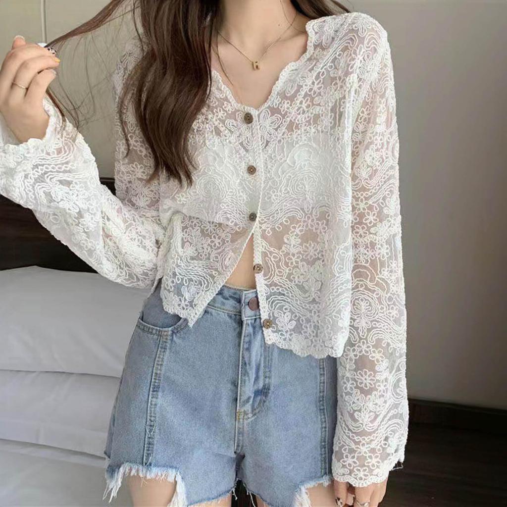 Lace Shirt UV Air Conditioning Sheer Floral Long Openwork Perfect for and Outings [fourfivesix Haru] Women's Blouse, Protection, Protection, Top,