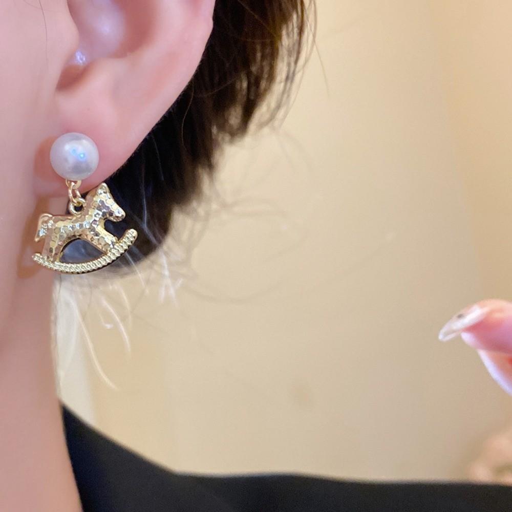 Chinese Horse New Year Pearl Zodiac Pony Earrings Fashion Jewelry Drop Earrings Lady