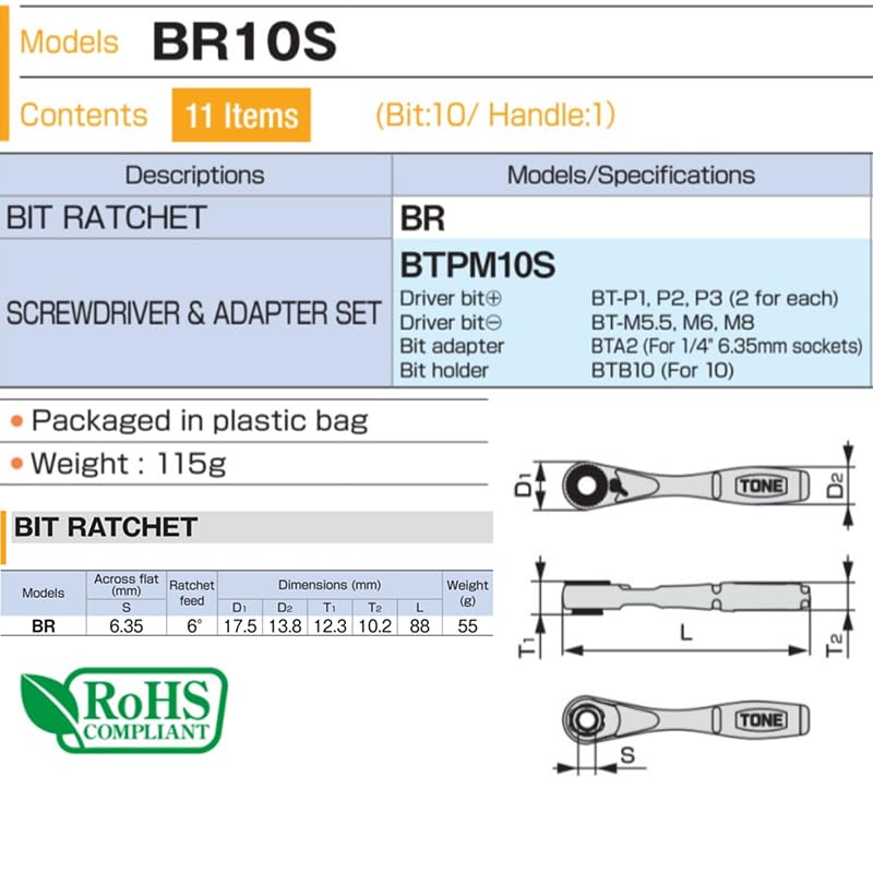 TONE Bit Ratchet Set Bit Insertion Includes 11 Pieces BR10S, & 6.35mm (1/4"),