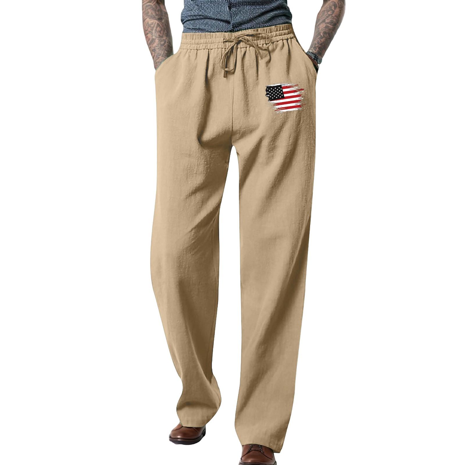 

Мужские свободные повседневные однотонные хлопковые льняные брюки с эластичным галстуком и принтом, прямые брюки S бежевый