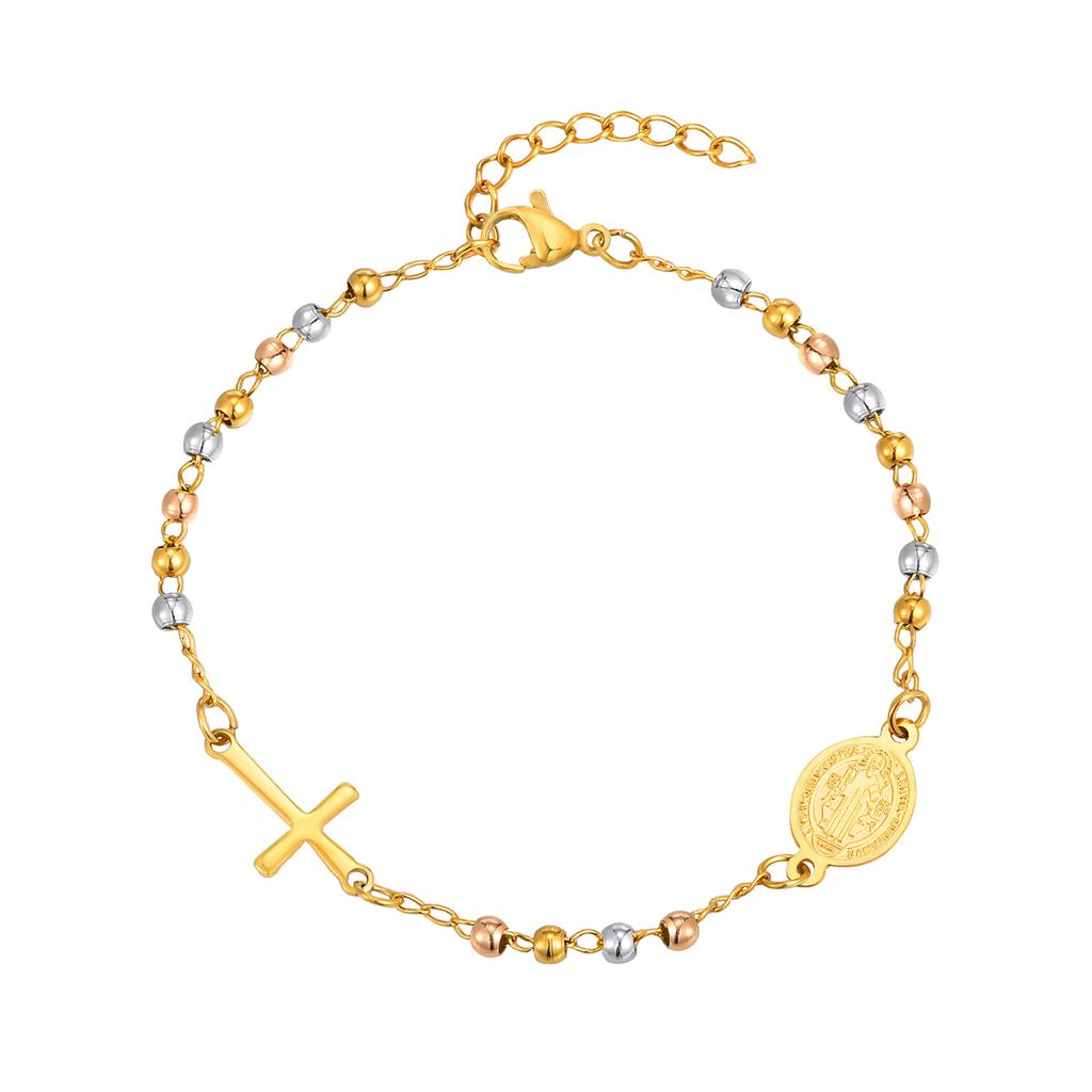 Xiaomi Vnox Metal Virgin Mary Saint Benedict Cross Bracelet, Stainless Steel Bead Pearl Chain Bracelets For Women Religious Jewelry
