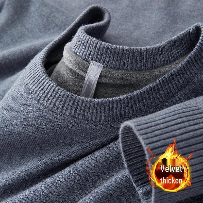 Men’s Winter One-Piece Velvet Sweater: Round-Neck, Thickened Base Layer, Warm Solid Color Knitwear