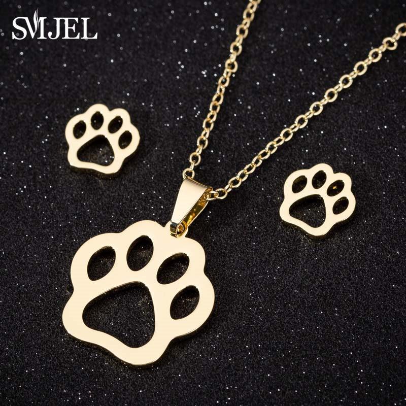 Lovely Gold Color Kitten Cat Stainless Steel Zircon Set Necklaces Men Collares Fashion Hollow Cat Earring Necklace Paw Zircon
