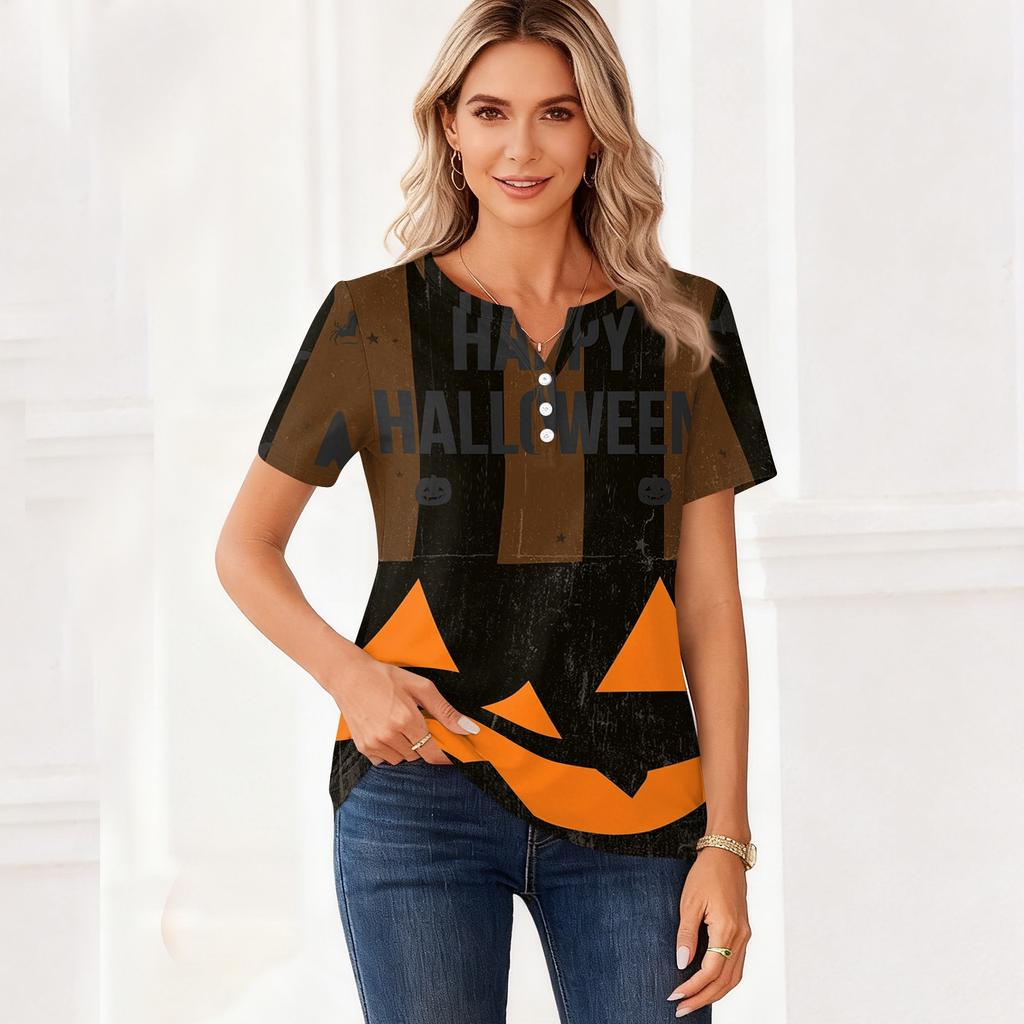 Women Casual Halloween Print V Neck Short Sleeve Button T Shirt Lightweight Soft Fabric Relaxed Fit Top for Everyday Wear