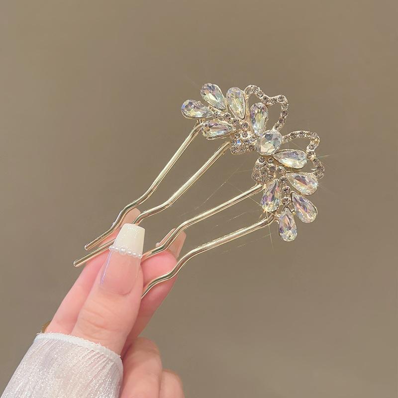 1Pcs Bun Comb Hanfu Metal Hair Clips Fashion Rhinestones U-Shaped Hair Sticks Butterfly Hair Stick For Women Hair Accessories